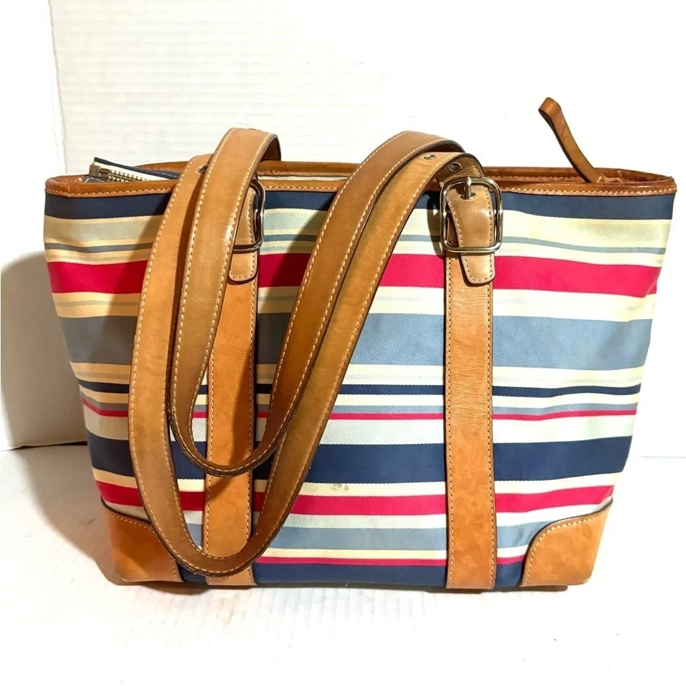 Coach Striped canvas/Leather Tote Bag